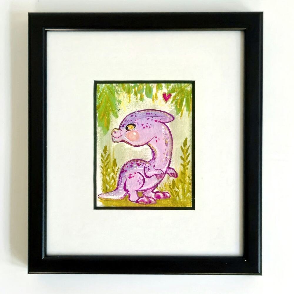 Original Framed Purple Kawaii Dinosaur Painting | Fantasy Kids Room Wall Art